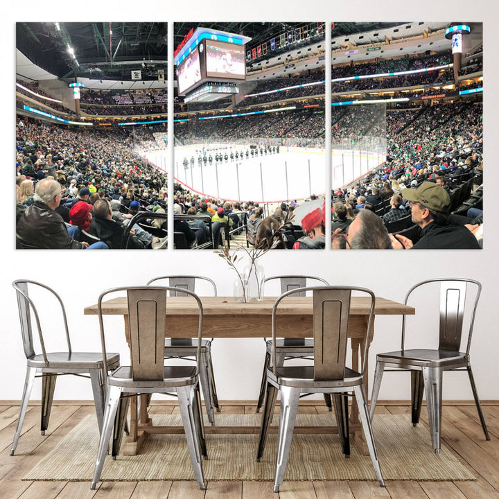 The Xcel Energy Center St Paul Minnesota Wild Ice Hockey Stadium Wall Art Canvas Print captures a packed hockey arena with spectators watching players on the ice. It is elegantly preserved on museum-quality canvas with vibrant details protected by a UV-protective coating.