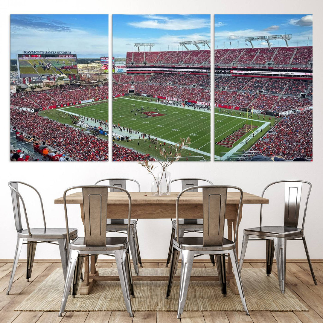 The Florida Tampa Raymond James Stadium Wall Art Canvas Print is featured above the cabinet.