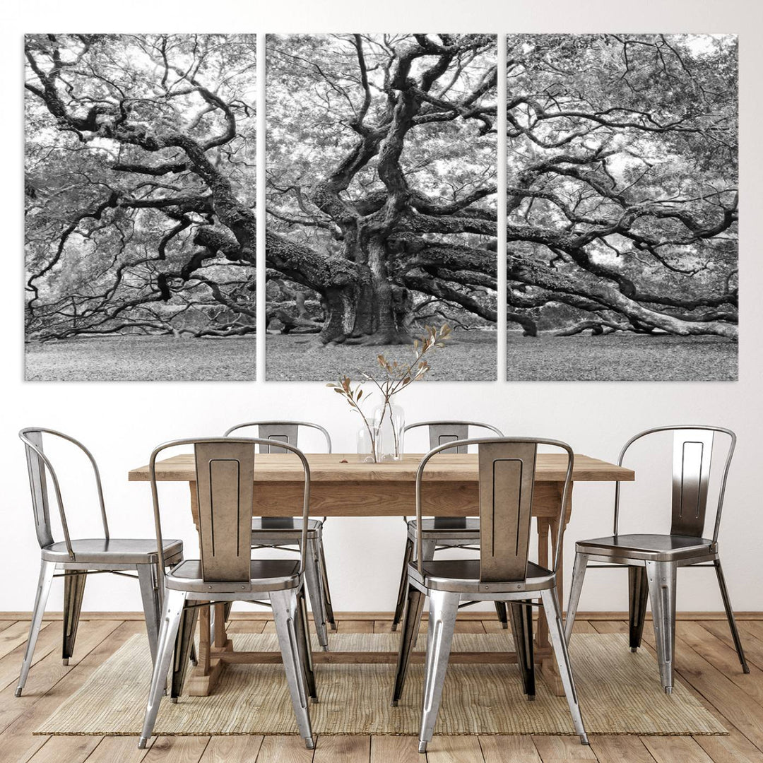 Black White Angel Oak Tree Wall Art - Timeless Nature-Inspired Canvas for Rustic, Modern, or Traditional Home Decor