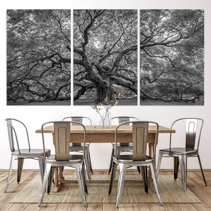 Majestic Angel Oak Tree Black and White Canvas Print – Multi Panel Wall Art, Giclée Print, Ready to Hang Nature Photography for Home Decor