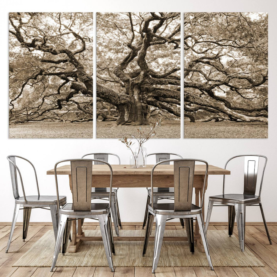 Displayed on the wall is a Sepia-framed Angel Oak Tree 3-panel canvas.