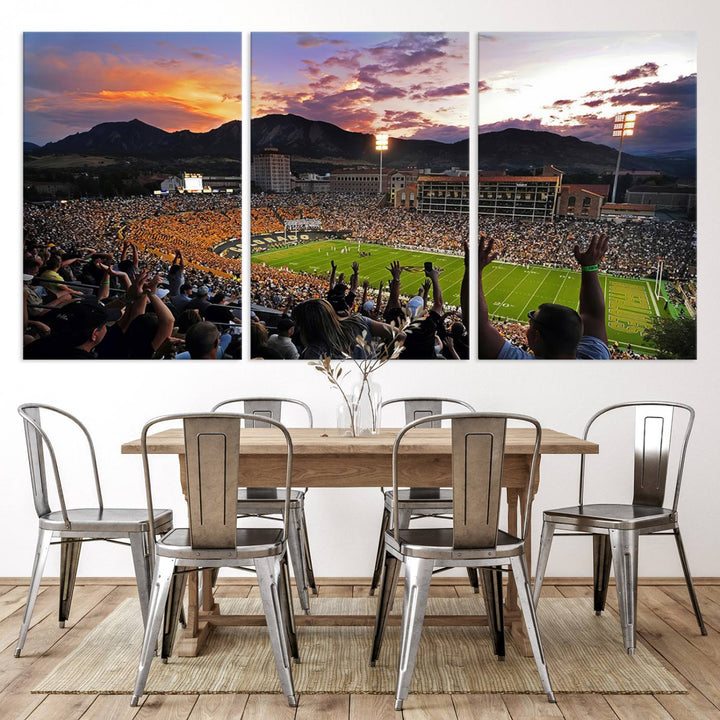 The Folsom Field Stadium Print beautifully captures the Colorado Buffaloes stadium at sunset, set against a stunning mountain backdrop.