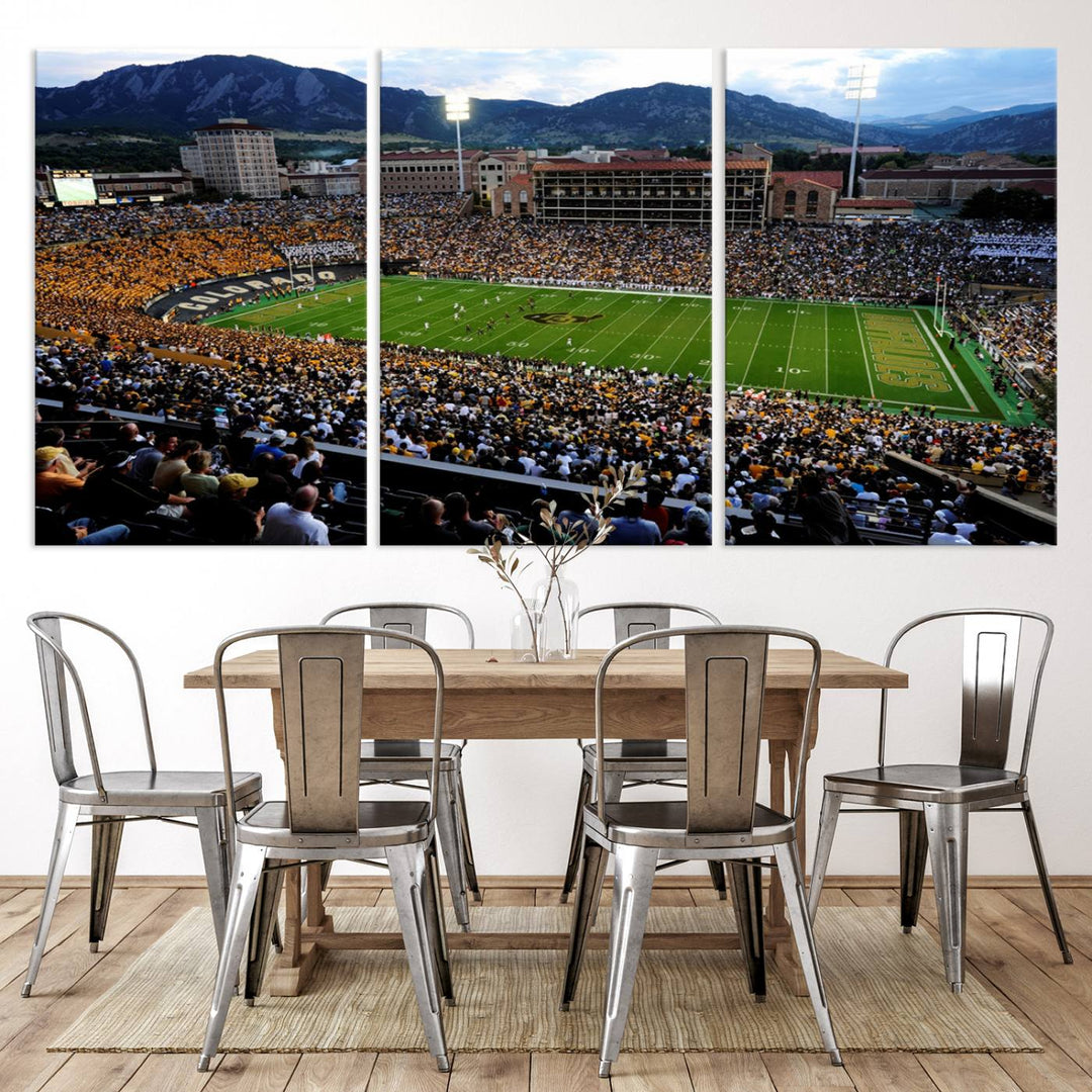 A canvas print captures the Colorado Buffaloes at Folsom Field, framed by mountains in the background.