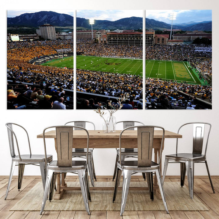 A canvas print captures the Colorado Buffaloes at Folsom Field, framed by mountains in the background.