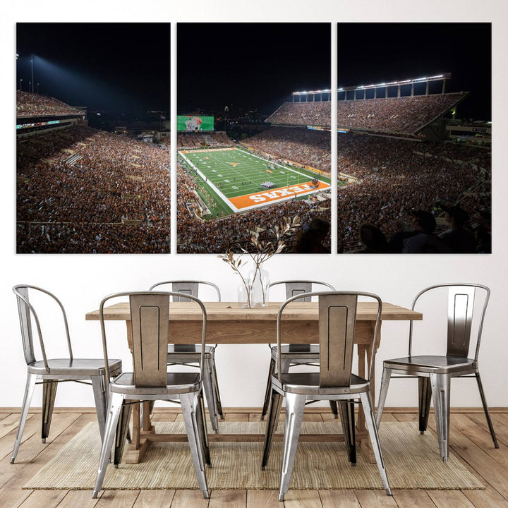 A football game at a packed stadium is captured on the University of Texas Longhorns Stadium Canvas Print.