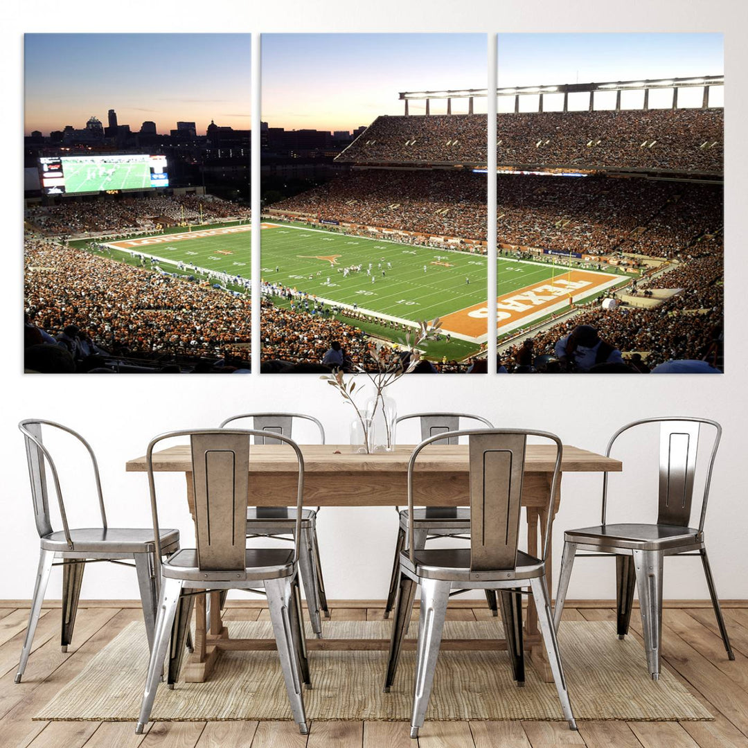 The Evening Game canvas art captures a glowing sunset and skyline at Texas Longhorns Darrell K Royal Stadium.