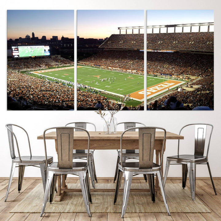 The Evening Game canvas art captures a glowing sunset and skyline at Texas Longhorns Darrell K Royal Stadium.