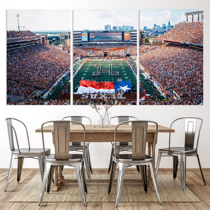 University of Texas Longhorns canvas: A premium print depicting Darrell K Royal-Texas Memorial Stadium with the city skyline and Texas flag.