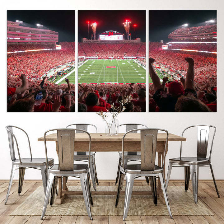 The University of Nebraska Cornhuskers Football Team Print, a vibrant three-panel canvas depicting Lincoln Memorial Stadium filled with enthusiastic fans from the end zone perspective, features a gallery-quality finish.