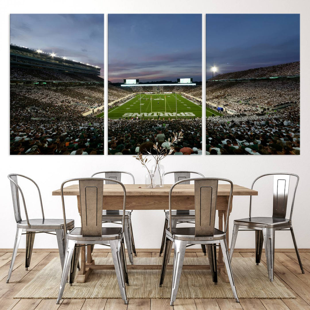 Wall art featuring a stadium at dusk with full stands—ideal for the Michigan State Spartans Football Team Canvas Print.