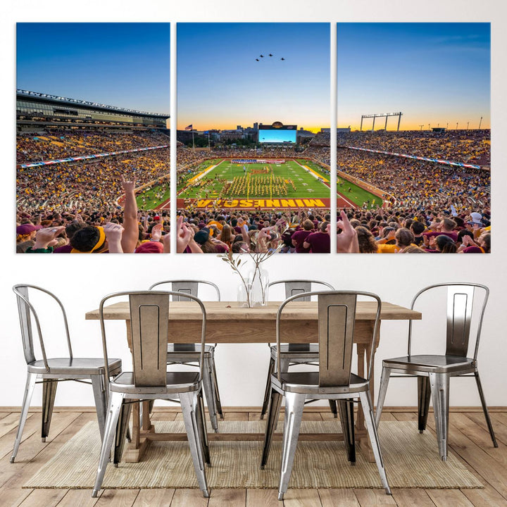 Canvas wall art featuring the University of Minnesota Football Team print, showcasing Huntington Bank Stadium at sunset with jets overhead.