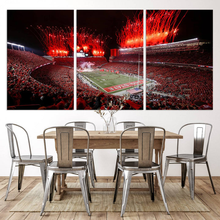 A vibrant red canvas art of a packed Ohio State Buckeyes stadium at night with fireworks.