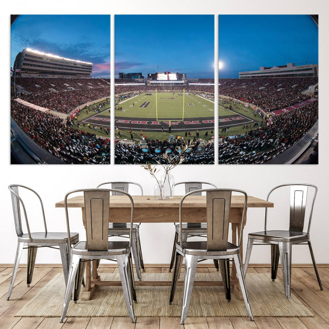 The wall art in the living room features a Texas Tech Red Raiders Football Team Print, showcasing Jones AT&T Stadium at dusk.