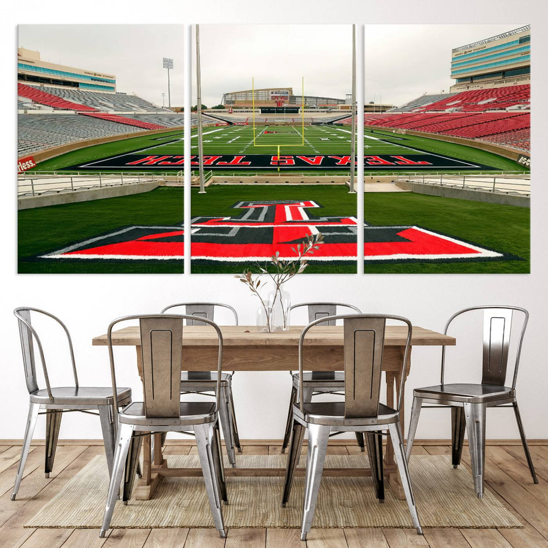 Gallery-quality print of Lubbock Jones AT&T Stadium featuring the Texas Tech Red Raiders field, highlighted by red and gray bleachers.