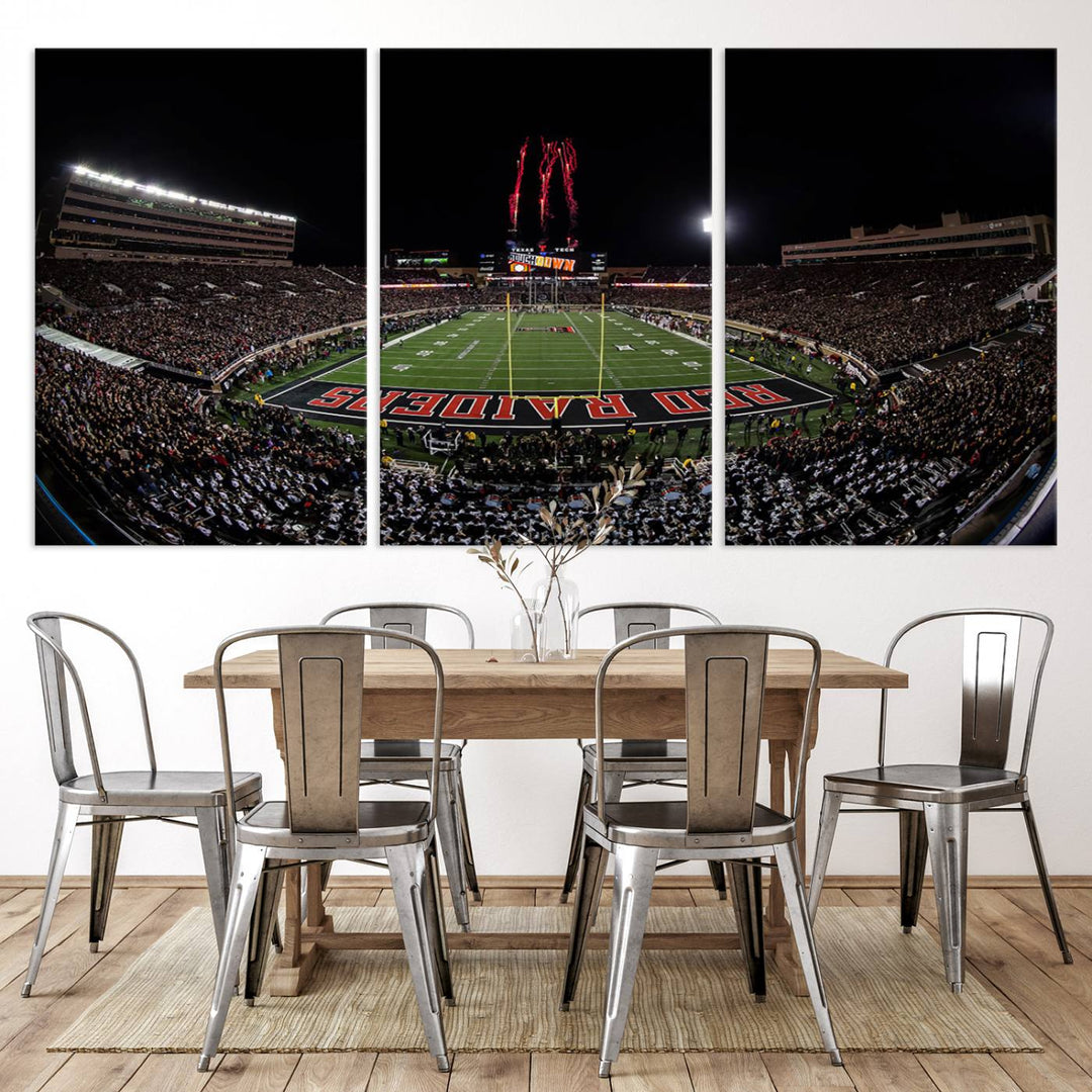 The wall features a Texas Tech Red Raiders Football Team Print on canvas, showcasing fireworks over a packed stadium at night.