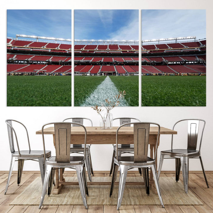 A canvas print of the University of Tulsa Golden Hurricane showcases H.A. Chapman Stadiums football field and red seats against a backdrop of a blue sky.