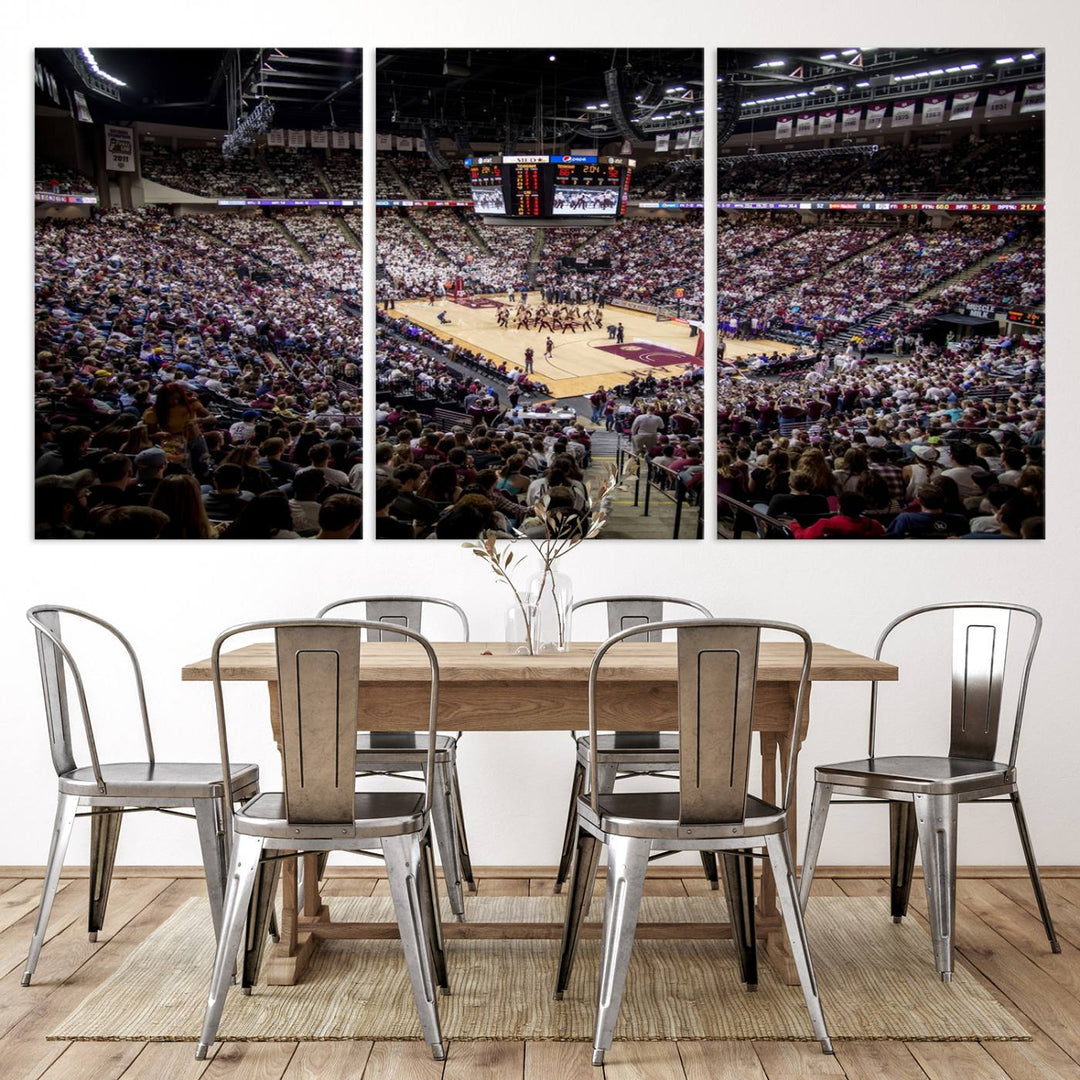 The Nebraska Basketball Arena Wall Art Canvas features an arena filled with Cornhuskers fans and players beneath a scoreboard.