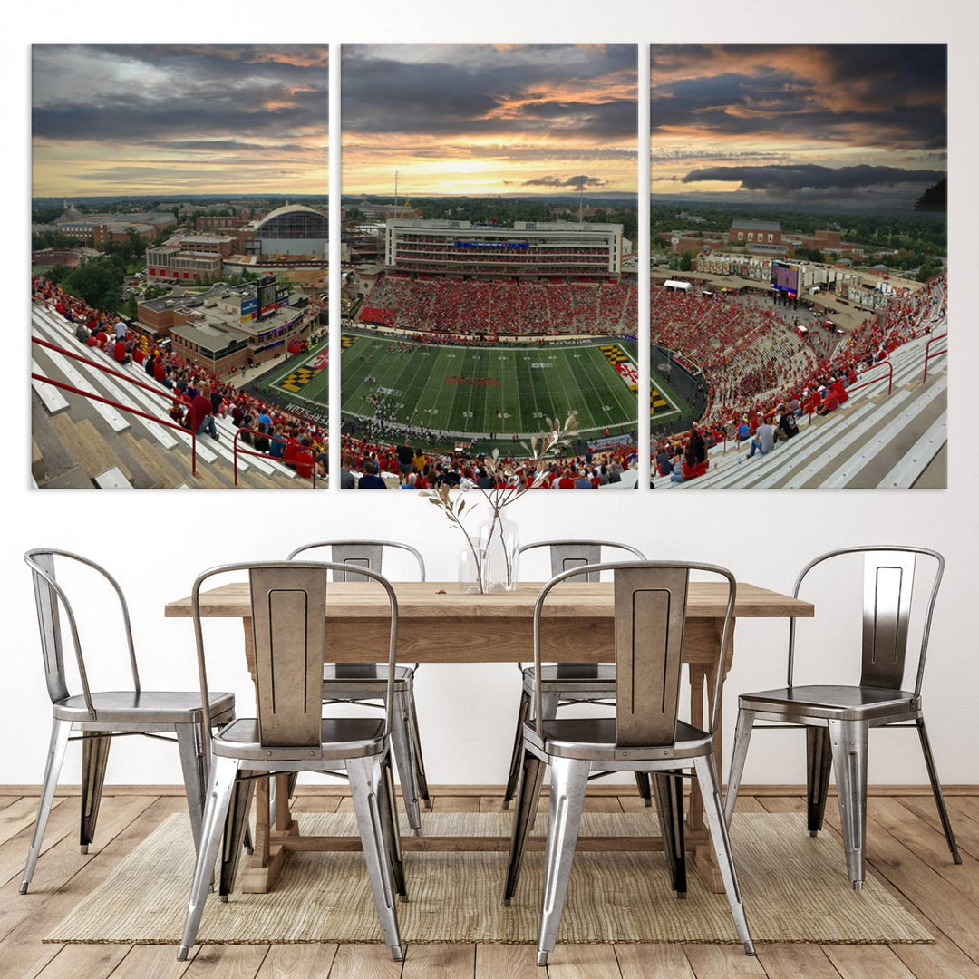 The University of Maryland Terrapins Football Team Print features SECU Stadium at sunset with vibrant skies.