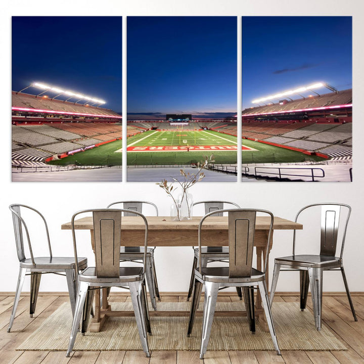 A large SHI Stadium at dusk, ideal for a Rutgers Scarlet Knights Football Team canvas print.