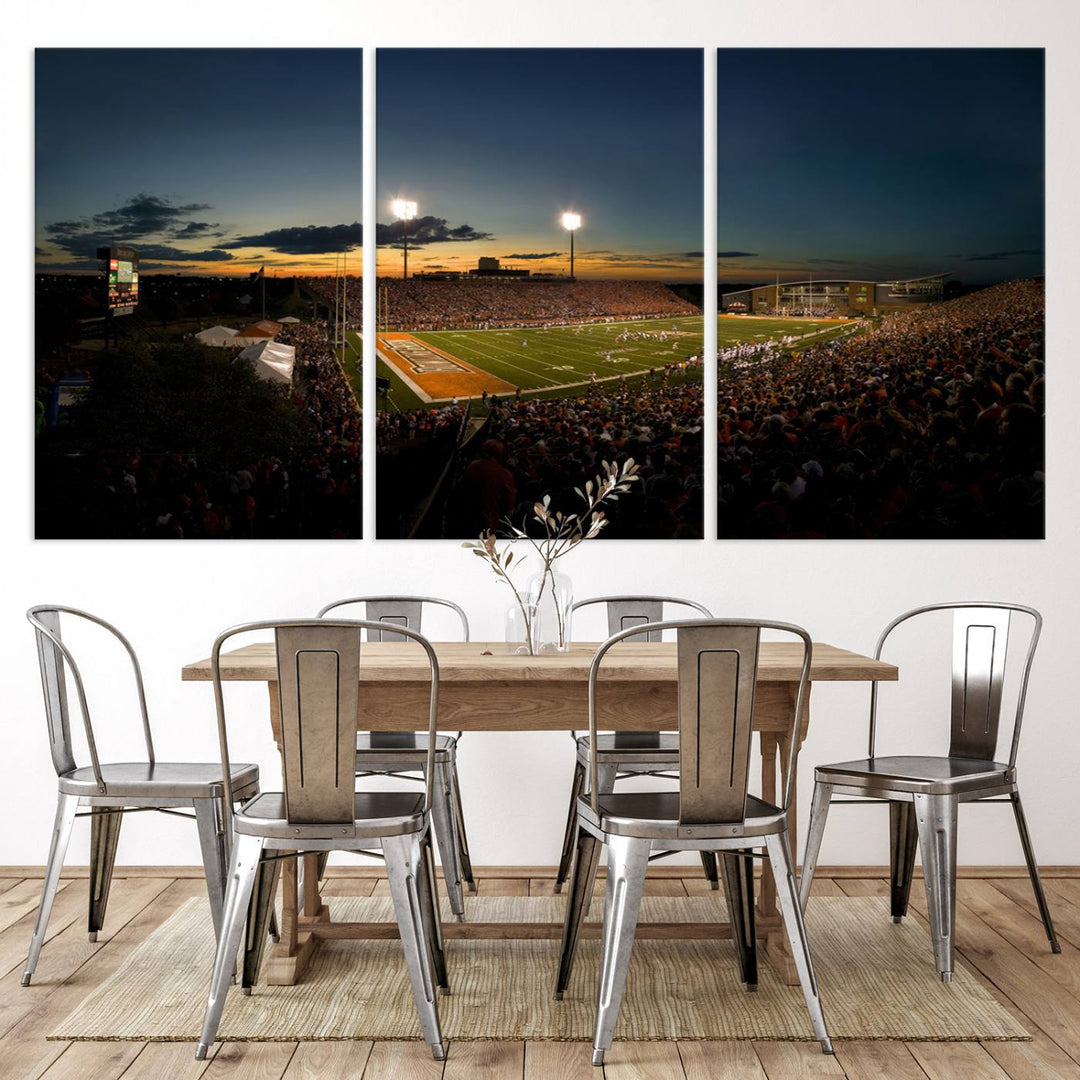 Ball State Cardinals Football Team Print - Muncie Scheumann Stadium Canvas featuring a sunset, floodlights, and lively crowd.