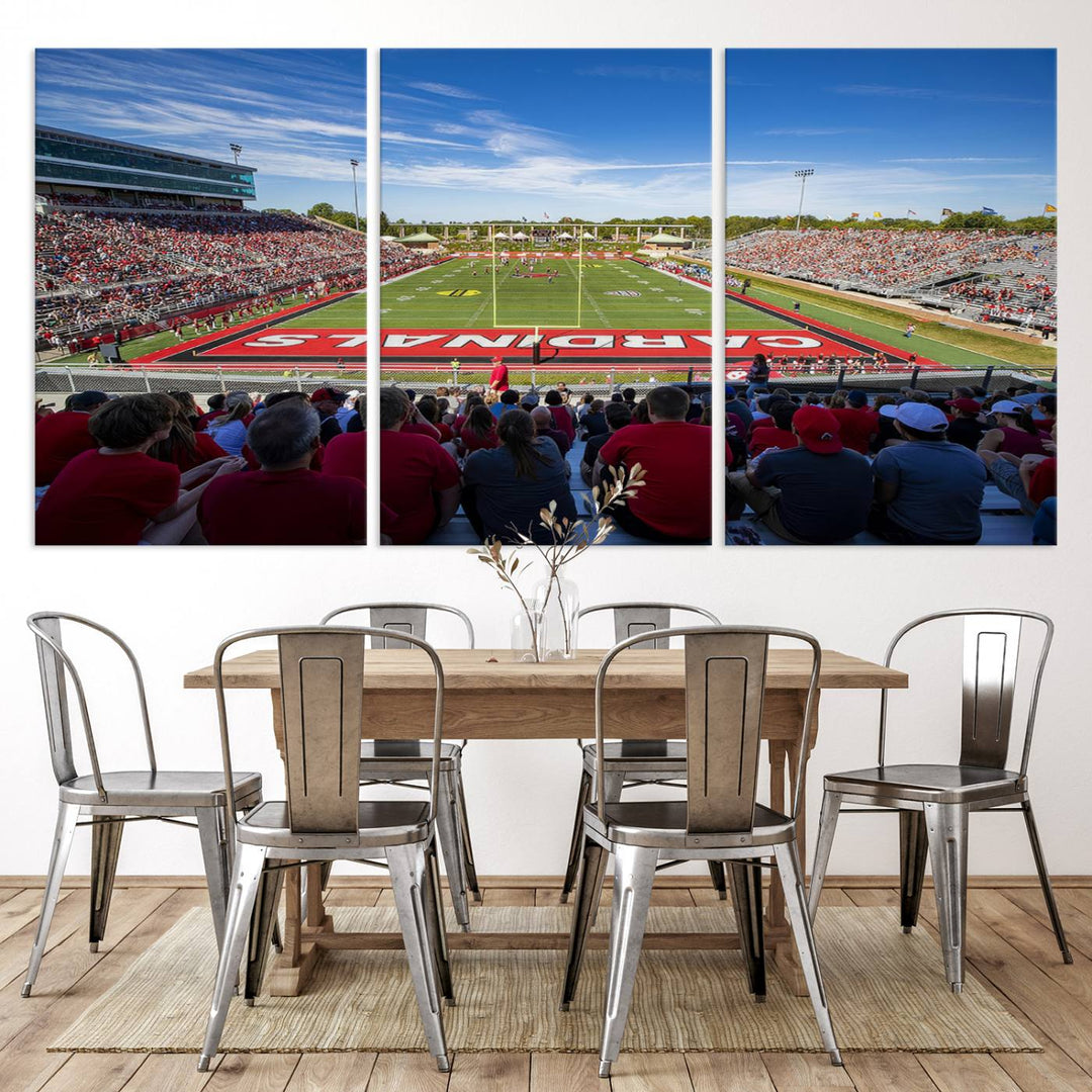 The Ball State Cardinals wall art on canvas depicts fans in red at Scheumann Stadium.