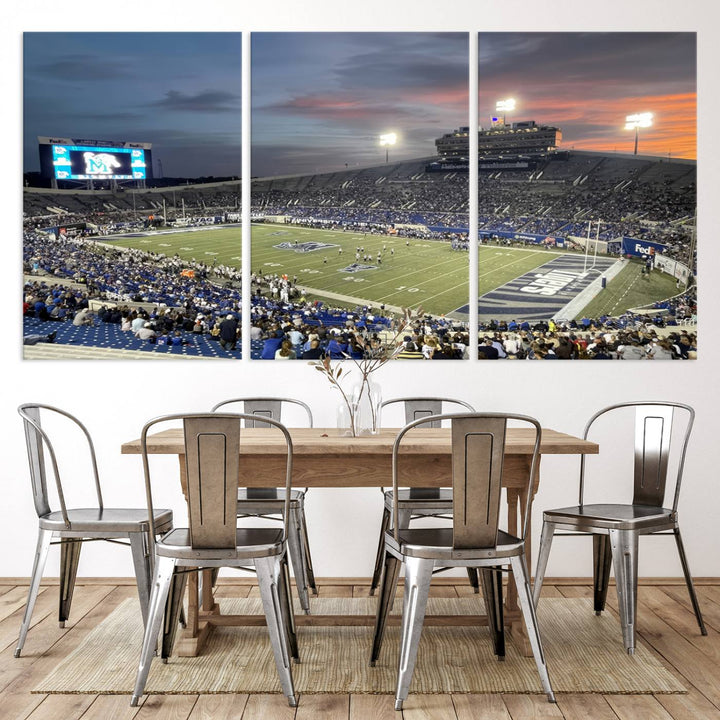 A Memphis Tigers football canvas print of Simmons Bank Liberty Stadium at sunset enhances the living room.