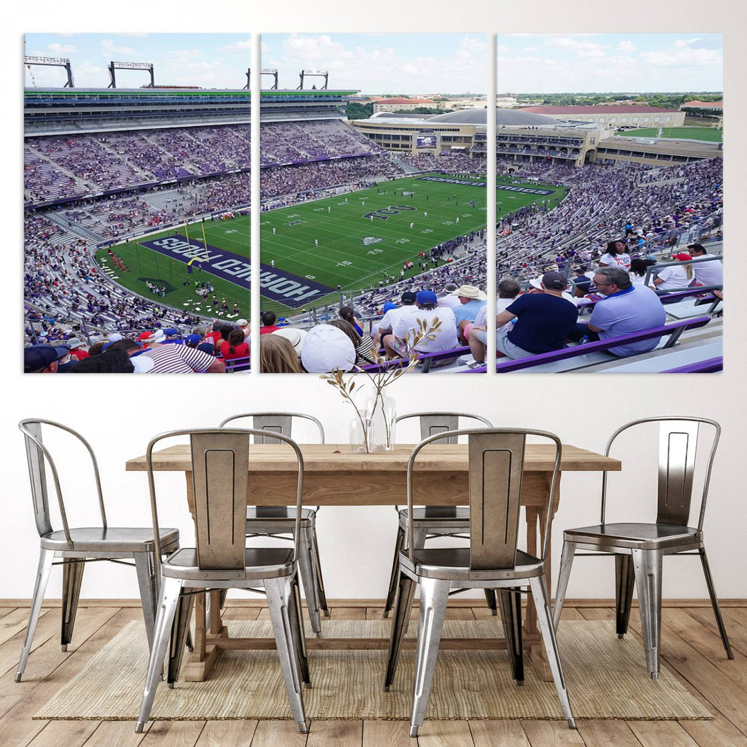 Amon G. Carter Stadium wall art canvas showcasing the TCU Horned Frogs and packed stands at Fort Worth.