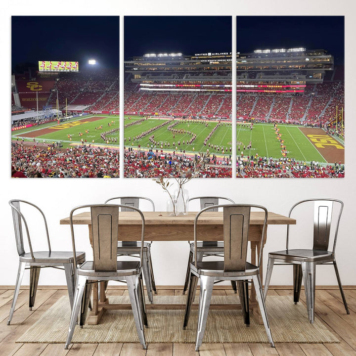 Canvas print depicting a packed stadium at night with a marching band forming USC, celebrating the Trojans at Los Angeles Memorial Coliseum.