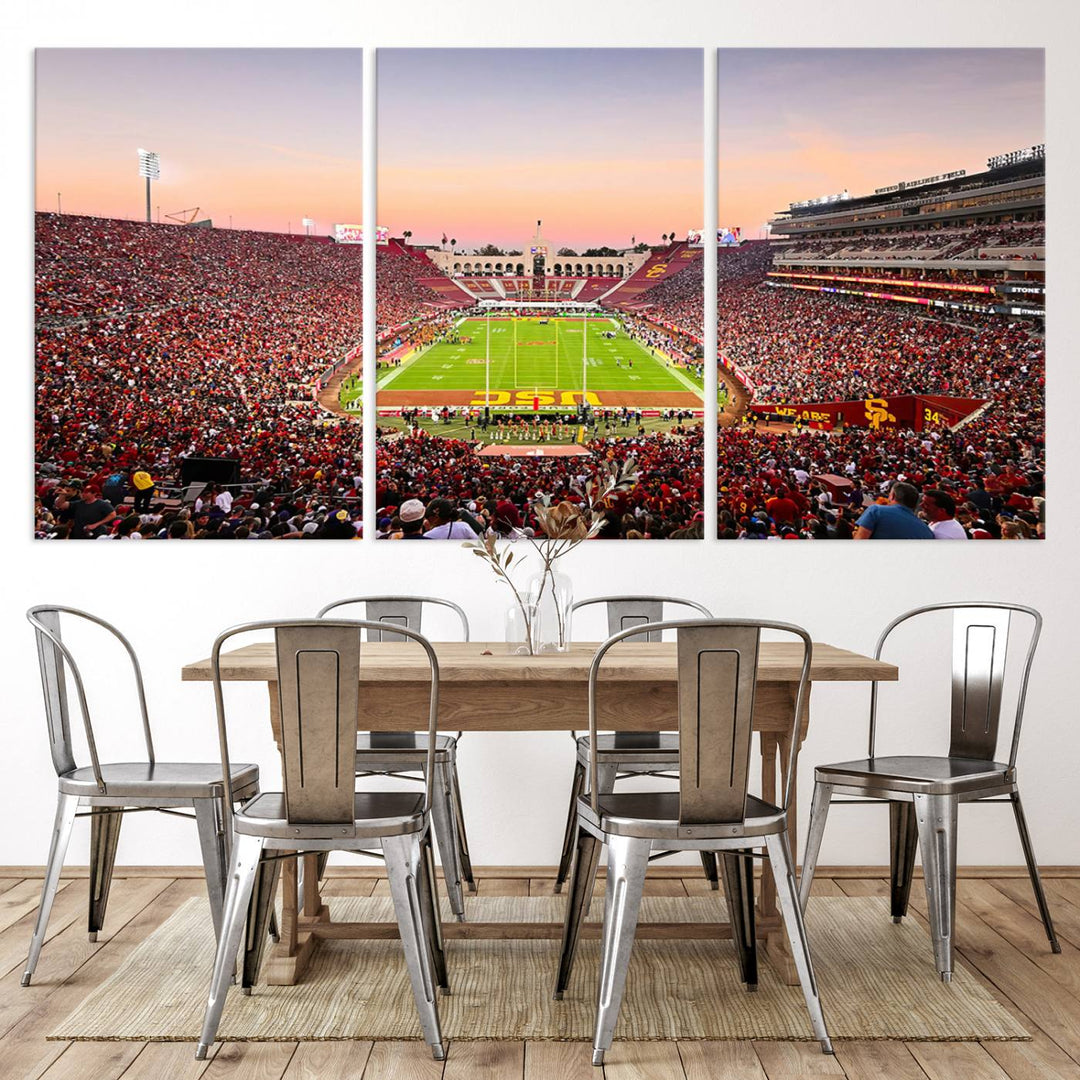 A USC Trojans wall art canvas print highlights the scene, depicting the Coliseum Stadium at sunset.