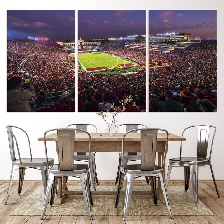 The vibrant wall art canvas print captures the USC Trojans playing under lights at dusk in LA Memorial Coliseum.