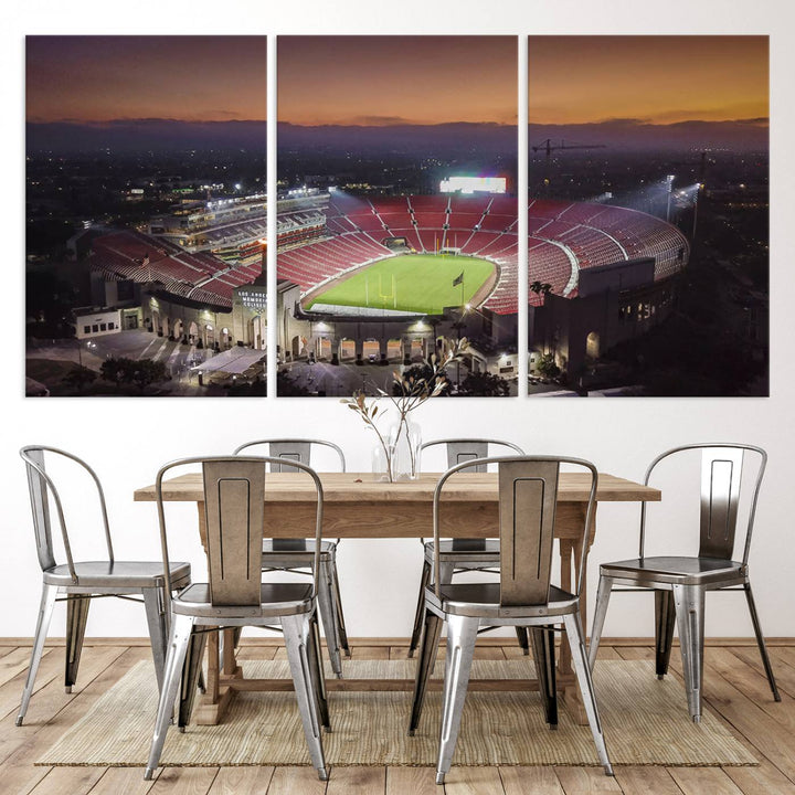 The USC Trojans Stadium canvas captures Memorial Coliseum at twilight, showcasing red seats and a green field beneath an orange sky.