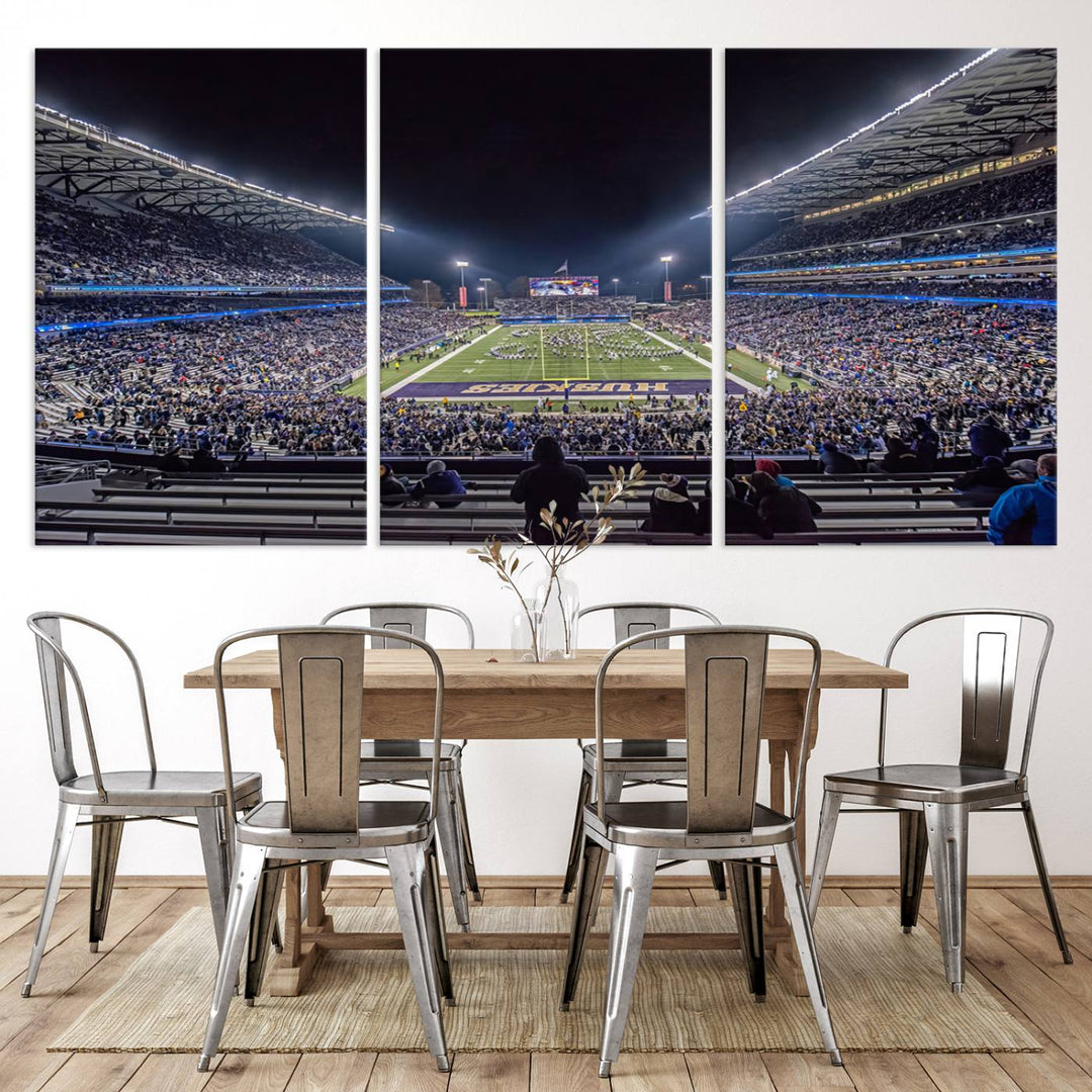 A canvas print titled The University of Washington Huskies Football depicts a packed Husky Stadium at night, as seen from the stands.