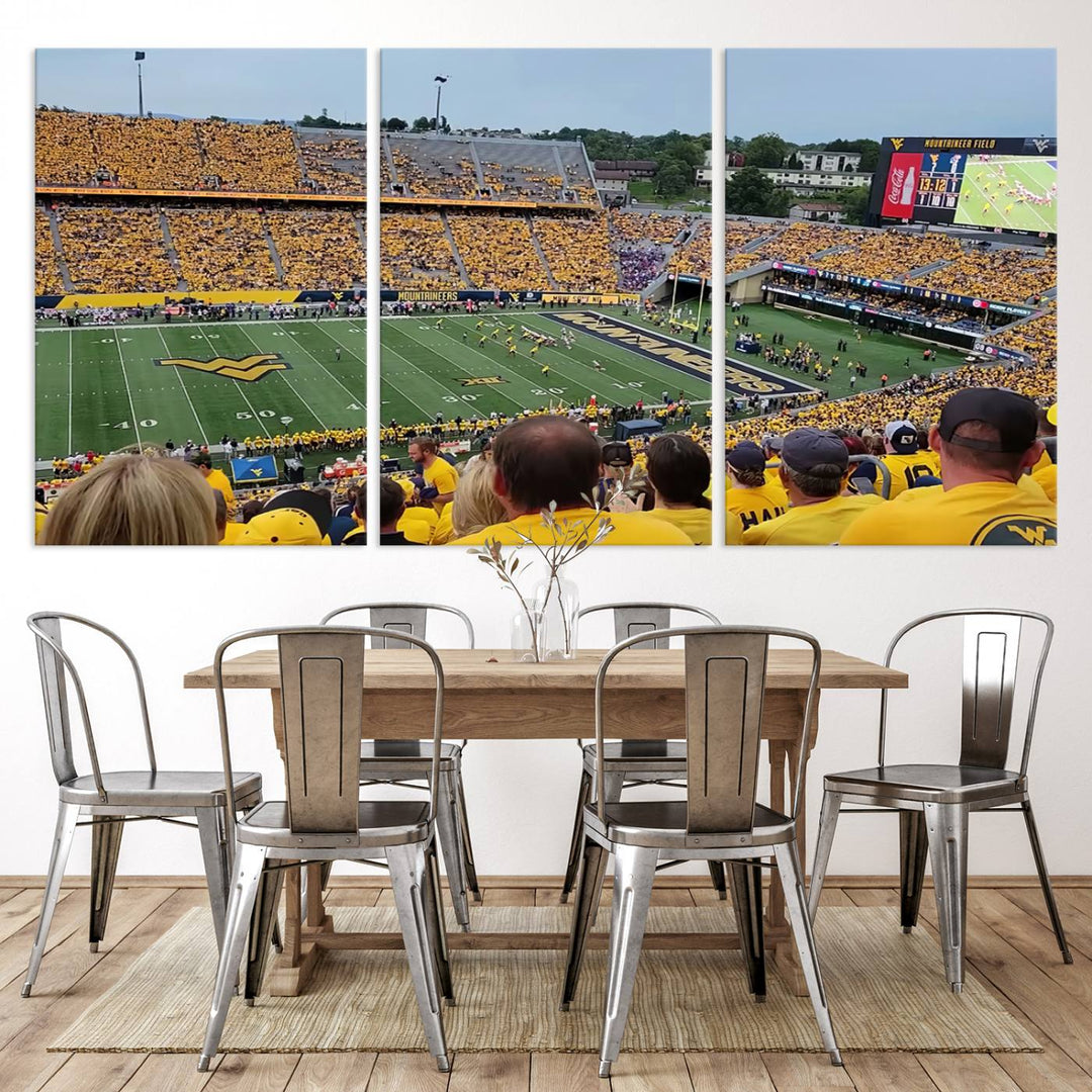 A Puskar Stadium canvas print decorates the modern living room shelf.