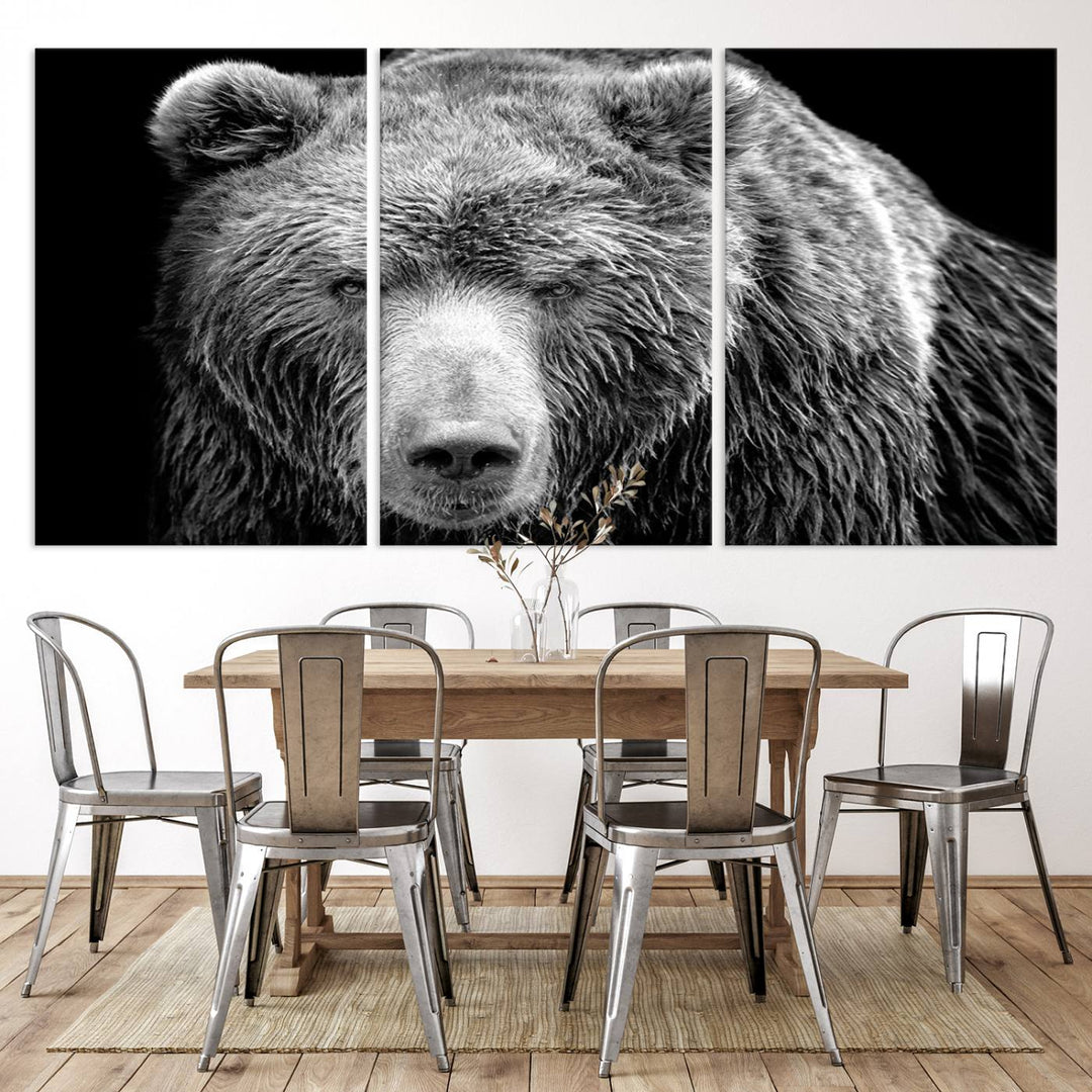 The 399 Grizzly Bear Canvas Print is displayed prominently on a wall in a modern living room.