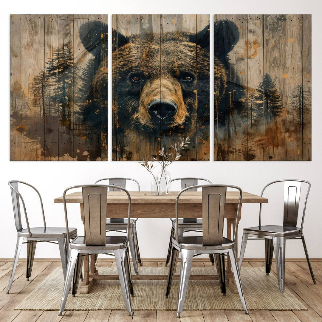 The Abstract 399 Bear Wall Art, featuring a rustic cabin theme with forest design, is framed and ready to hang. It's ideal for lodge, cabin, and barn decor and perfectly complements the nature lover's aesthetic.