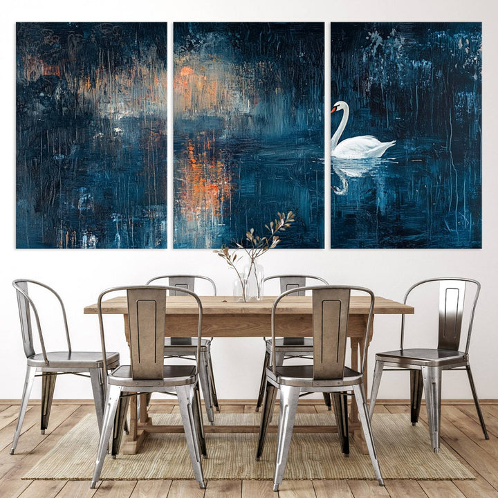 Abstract Swan Wall Art | Moody Blue and Orange Swan Painting on Canvas | Framed and Ready to Hang | Elegant and Modern Art for Living Room or Bedroom Decor