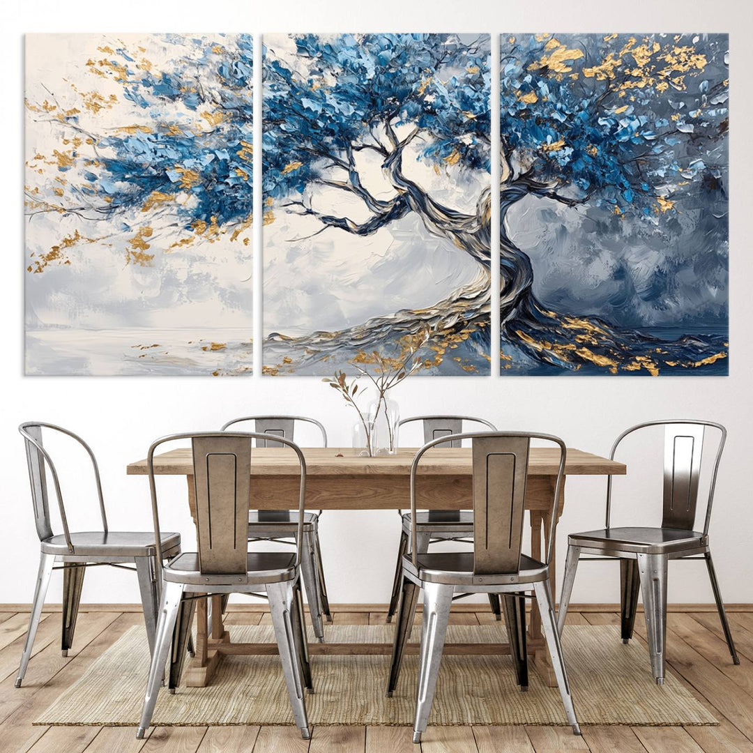 Elegant Abstract Tree Canvas Wall Art | Tree of Life Painting | Textured Art in Blue and Gold | Framed & Ready to Hang for Modern Living Room Decor