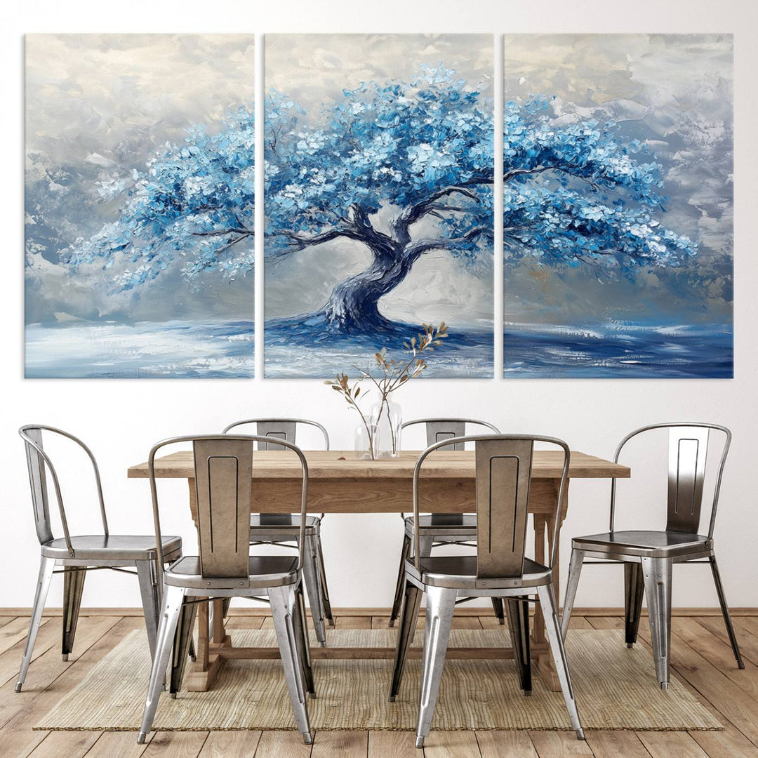 Serene Abstract Blue Tree Wall Art | Canvas Print of a Majestic Tree in Blue Hues | Perfect for Farmhouse, Coastal, and Modern Decor