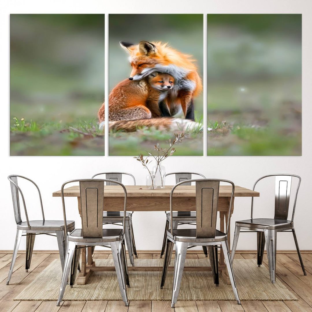 Heartwarming Fox and Baby Cub Wall Art | Ready to Hang Canvas Print of Foxes in Nature | Perfect for Animal Lovers, Rustic Decor, and Cabin Wall Art