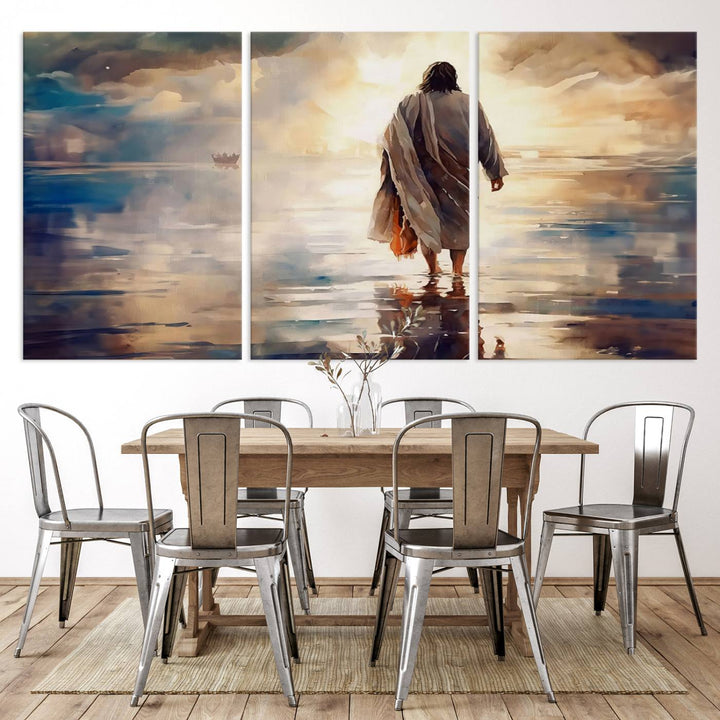 Jesus Walking on Water Wall Art | Ready to Hang Spiritual Triptych Canvas Print | Inspirational Christian Decor for Home or Church