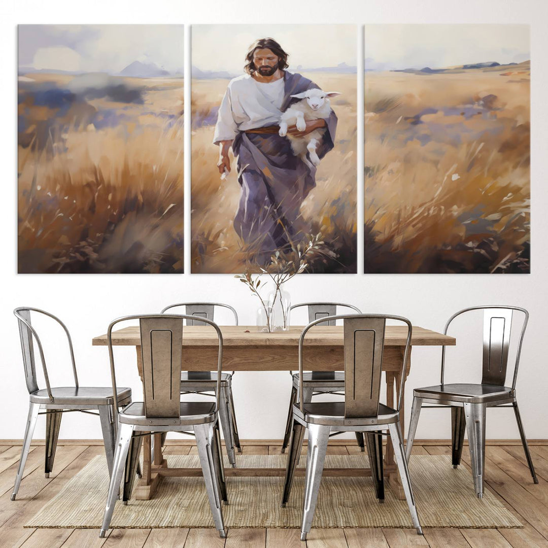 Jesus the Good Shepherd Wall Art Canvas Print - Lost Lamb  Print for Prayer Room Decor