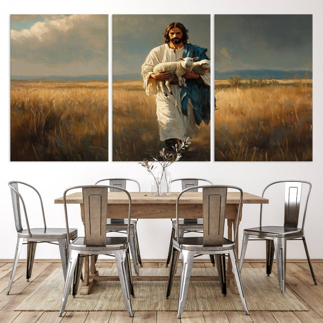 Jesus Shepherd Wall Art | Ready to Hang Triptych Canvas of Jesus Holding a Lamb in a Field | Inspirational Christian Decor for Home