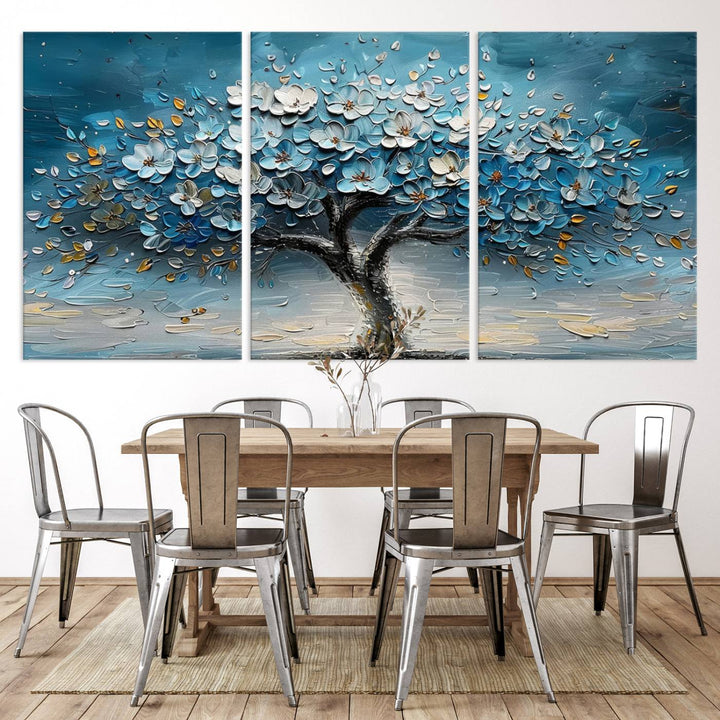 Abstract Blooming Tree Wall Art Print features blue, white, and gold textures on museum-quality canvas, perfect for modern decor.