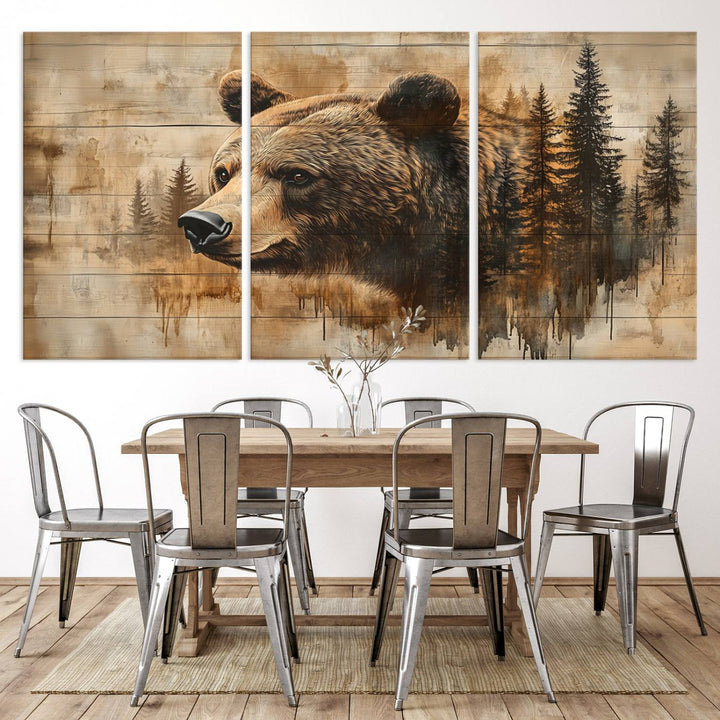 Abstract Rustic Grizzly Bear Wall Art Canvas Print - Woodland Wildlife Forest Print for Farmhouse Decor