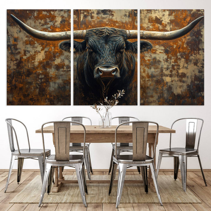 Abstract Longhorn Texas Bull Wall Art | Rustic Farmhouse Canvas Print | Ready to Hang Barn Decor for Farmhouse and Cabin Style