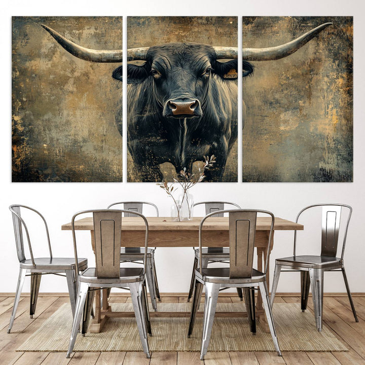 Abstract Cow Longhorn Bull Wall Art Canvas Print - Rustic Texas Western Cattle Artwork