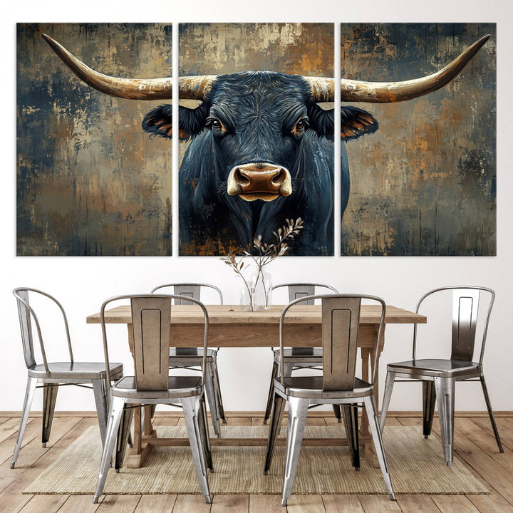 Abstract Cow Longhorn Bull Wall Art Canvas Print - Rustic Texas Western Cattle Artwork