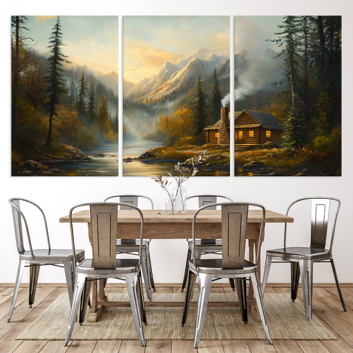 Wood Cabin Retreat Mountain at Sunset Wall Art Print - Serene Forest and River Landscape Wall Art Canvas Print