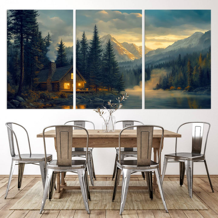 Mountain Cabin by the Lake at Sunset Wall Art - Serene Nature Canvas Print for Living Room Decor, Rustic Lodge Ambiance, 3-Panel Large Wall Art