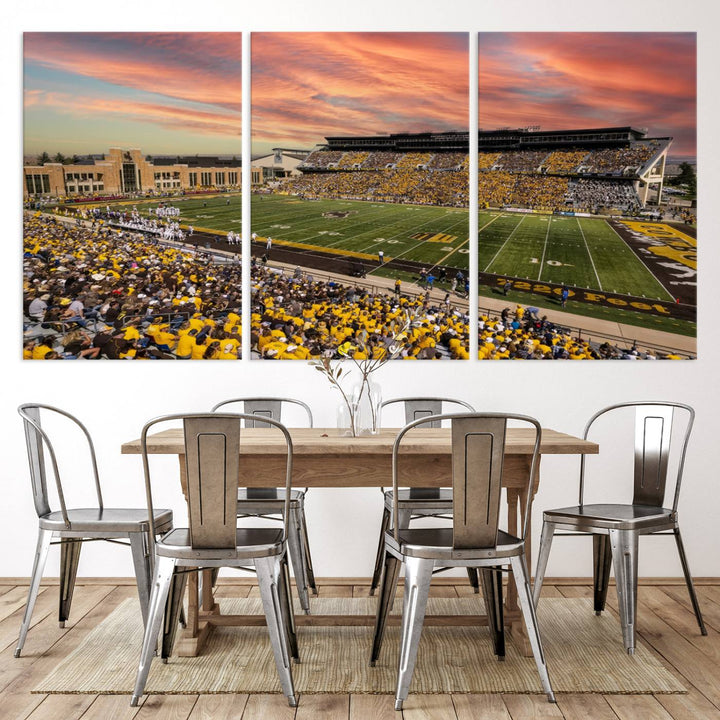 Capture the essence of a packed War Memorial Stadium at sunset with the Cowboys Football Canvas Print, highlighting fans cheering in yellow.